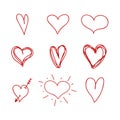 Vector Set of Nine Red Hand Drawn Hearts, Handdrawn Rough Marker Icons, Isolated Drawings .