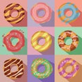 Vector set of nine tasty colorful donuts icons
