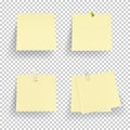 Vector set of note paper with pin, adhesive tape and clip on transparent background. Royalty Free Stock Photo