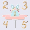 Vector set with number One, Bunny ears and flower wreath. Royalty Free Stock Photo