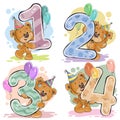 Vector set of numbers with a fun teddy bear