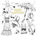 Vector set with objects symbols of summer, text summer hello, doodle style, hand-drawn things. Umbrella, sundress, sunblock, Royalty Free Stock Photo