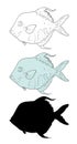 Vector set of ocean fish Selene. hand-drawn Selene sea fish in sketch style black outline and silhouette and silver image isolated
