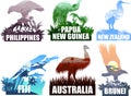 Vector set of Ocenia countries illustrations - New Zealand, Australia, Brunei, Papua New Guinea, Fiji, Philippines