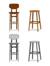 Vector set ocher, brown wooden and melallic bar stools with leather seats front view isolated on white background EPS Royalty Free Stock Photo