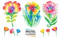 Vector set with oil pastel childlike stylized flowers isolated on white background. Floral abstract drawing in sketch style.