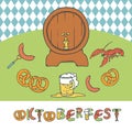 Vector set Oktoberfest. Isolated sketch illustration a mug and a keg of beer, appetizer sausage and pretzels. Seamless Royalty Free Stock Photo