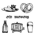 Vector set of old brewery elements. Collection of hand drawn german cuisine and beer symbols. Oktoberfest illustrations.