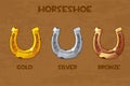 Vector set of old gold, bronze, silver horseshoes.