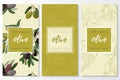 Vector set of olive natural cosmetic vertical banners on a seamless pattern.