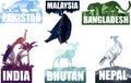 Set of ondostan countries illustrations: Nepal, Bangladesh, Bhutan, Pakistan, Malaysia, India