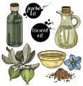 Vector set of Organic ingredients for cosmetic care oils. Linseed and jojoba oils