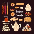 Vector set of oriental sweets and arabic tea party. Desing for a card or poster for a holiday invitation