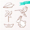 Vector Set of Origami Paper Toys. Stylized Polygonal Paper Whirligig, Airplane, Boat, Hare and Bird