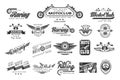 Vector set of original bikers emblems. Vintage logo design. Monochrome labels for motor club. Typography elements for