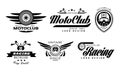 Vector set of original emblems for moto racing club. Vintage logos with wheels, helmets and motorcycle handlebars Royalty Free Stock Photo