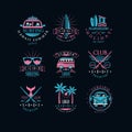 Vector set of original emblems for surfing club. Vintage logos with surfboards, palm trees, vans and sunglasses. Summer Royalty Free Stock Photo