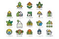 Vector set of original logos with eco friendly houses. Ecological construction. Linear emblems for or architectural