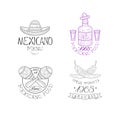 Vector set of 4 original logos for Mexican restaurant. Monochrome emblems with sombrero hat, tequila, maracas and chili