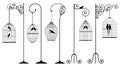 Vector set of outline, antique, bird cages with stands and domestic birds