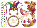 Vector set with outline clown or harlequin cap, Venetian mask, golden peacock feather and ornate colorful beads isolated on white. Royalty Free Stock Photo