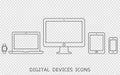 Vector set of outline device icons. Monitor, laptop, tablet pc and smartphone isolated on transparent background Royalty Free Stock Photo