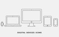 Vector set of outline device icons. Monitor, laptop, tablet pc, smartphone and smart watch Royalty Free Stock Photo