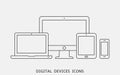 Vector set of outline device icons. Monitor, laptop, tablet pc and smartphone Royalty Free Stock Photo