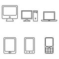 Vector Set of Device Icons. Personal Computer, Monitor, Laptop, Tablet PC, Smartphone and Cellphone