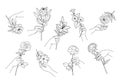 Vector Set of Outline Female Hands and Flowers