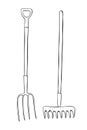 Vector set of outline garden tools: rake, pitchfork, doodle style, isolated. Equipments for working in the garden, farm Royalty Free Stock Photo