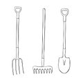 Vector set of outline garden tools: rake, pitchfork, shovel, doodle style, isolated. Equipments for working in garden