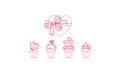 Vector set of outline icon pink cupcakes with decor, box of chocolates