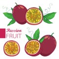 Vector set with outline Passion fruit or Maracuya. One and half fruit, leaf and flower isolated on white background. Royalty Free Stock Photo