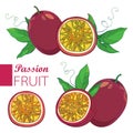 Vector set with outline Passion fruit or Maracuya. One and half fruit, leaf and flower isolated on white background.