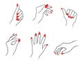 Vector set of outline, various female hand gestures with manicure, isolated Royalty Free Stock Photo