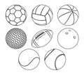 Vector set of outlines different sport balls. Royalty Free Stock Photo