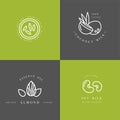 Vector set of packaging design elements and icons in linear style - almond, coconut, rice and soy milk Royalty Free Stock Photo