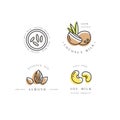 Vector set of packaging design elements and icons in linear style - almond, coconut, rice and soy milk Royalty Free Stock Photo