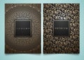 Vector set packaging templates with different golden floral damask texture for luxury product. Trendy design for logo.