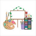 Vector set of painting tools on white background. Paint brushes, pencil stand, pencils, paint in box, tubes and small