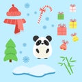 Vector set of panda with xmas staff: lollipop, gifts, tree, iceberg, hat and scarf, bamboo and bells.