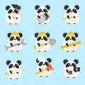Vector set of pandas various professions: Scientist, accountant, teacher, engineer, worker, builder, doctor, baker, programmer