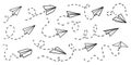 Vector set of paper airplanes. Hand-drawn, doodle elements isolated on white background. Royalty Free Stock Photo