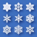 Vector set of 9 paper cut snowflakes with shadow Royalty Free Stock Photo