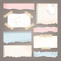 Vector set of paper pieces with torn edges. Collection of ripped notebook sheets, copybook pages, sticky tape and pin Royalty Free Stock Photo