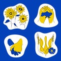 Set of patriotic stickers of Ukrainian illustration with heands, wheat, sunflower, coat of arms, map in tradition colors