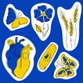 Set of patriotic stickers of Ukrainian illustration with heart, butterfly, band-aid, poppy, wheat in tradition colors