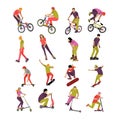 Vector set of people on bicycle, skateboard, rollers and scooter. Sport design icons. Teenager makes tricks, stunts. Royalty Free Stock Photo