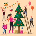 Vector set of people preparing Christmas decoration Royalty Free Stock Photo